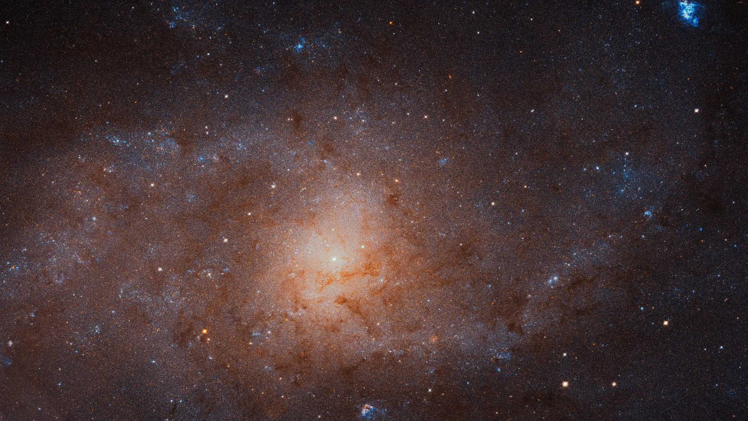 Hubble’ın Üçgen galaksisi mozaiği; pembe yıldız oluşum bölgeleriyle süslü, gevşek sarmal kollar